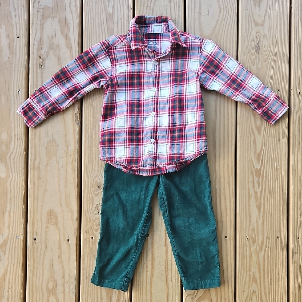 Carter’s Boys 2T Holiday Outfit – Plaid Flannel Shirt & Green Corduroy Pants